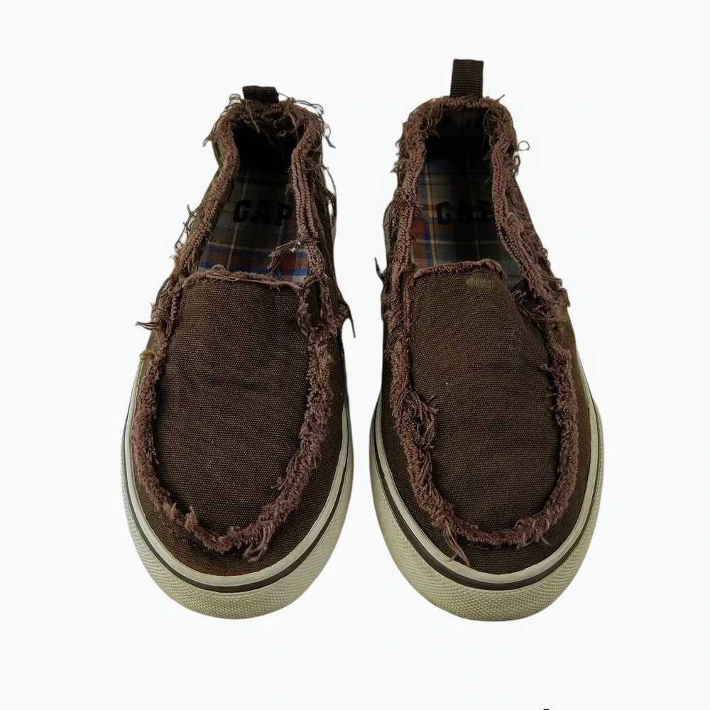 GAP Slip On Shoes Kids Sz 11 Brown Frayed Canvas Distressed‎ Plaid Lined Loafers